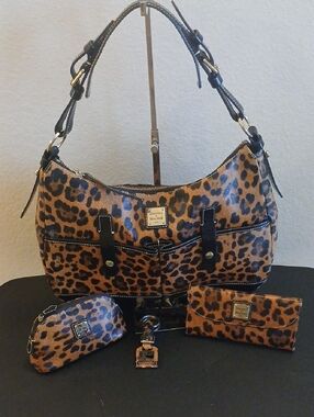Dooney Leopard Print Shoulder Bag Set -  Matching Wallet, Makup Bag, & Key Chain